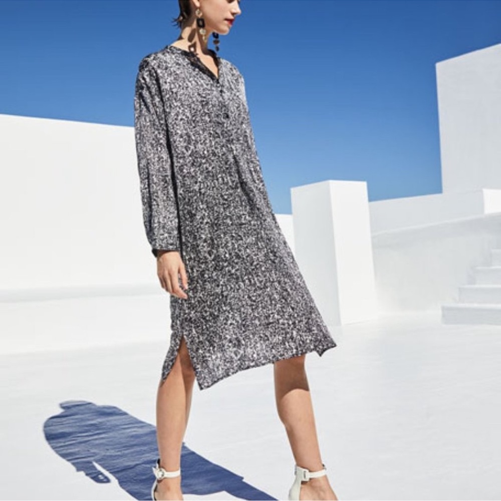 Eileen Fisher Black / White Prism Silk/Organic Cotton Long Sleeve Dress Small